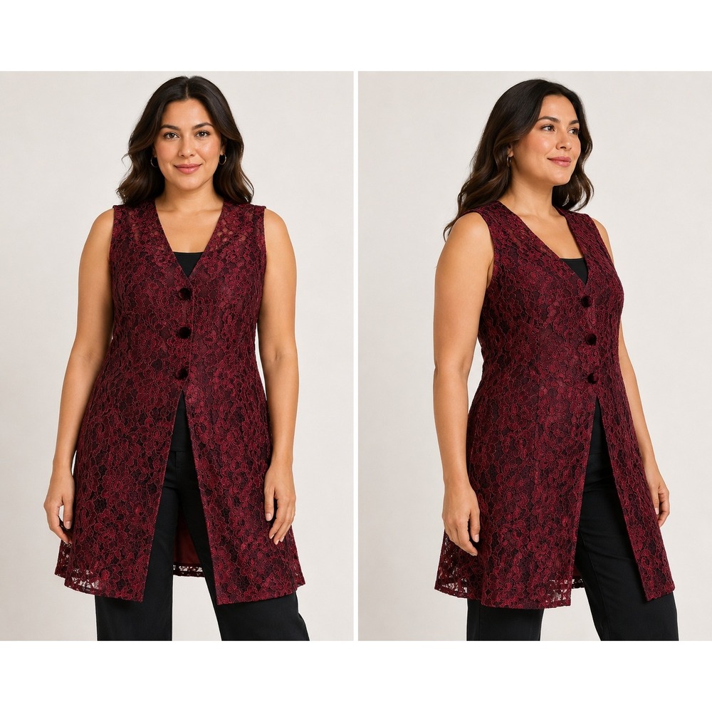 Liz Claiborne Collection Burgundy Floral Lace Longline Vest Size 14 Sleeveless